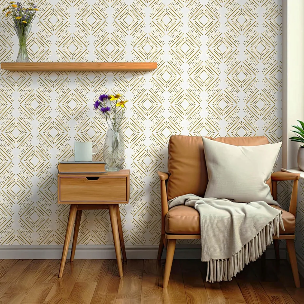 Heroad Beige and Orange Boho Diamond peel and stick wallpaper in a room
