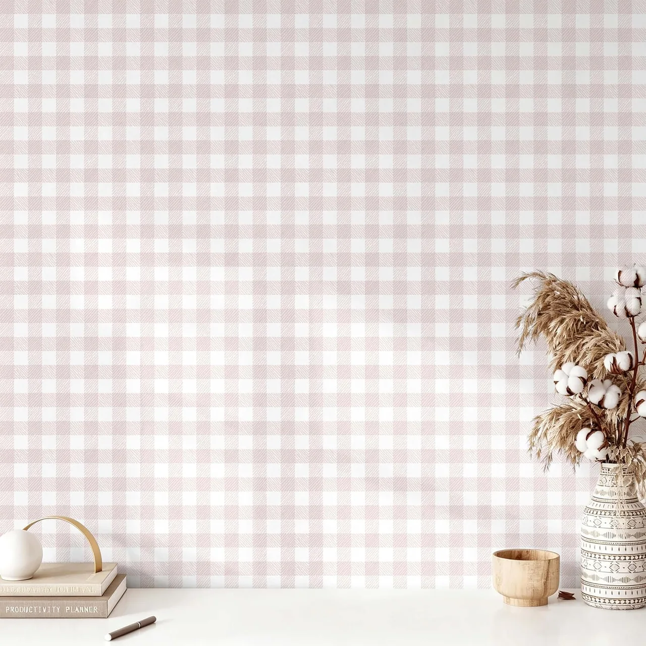 Heroad Pink Boho Gingham peel and stick wallpaper, swatch