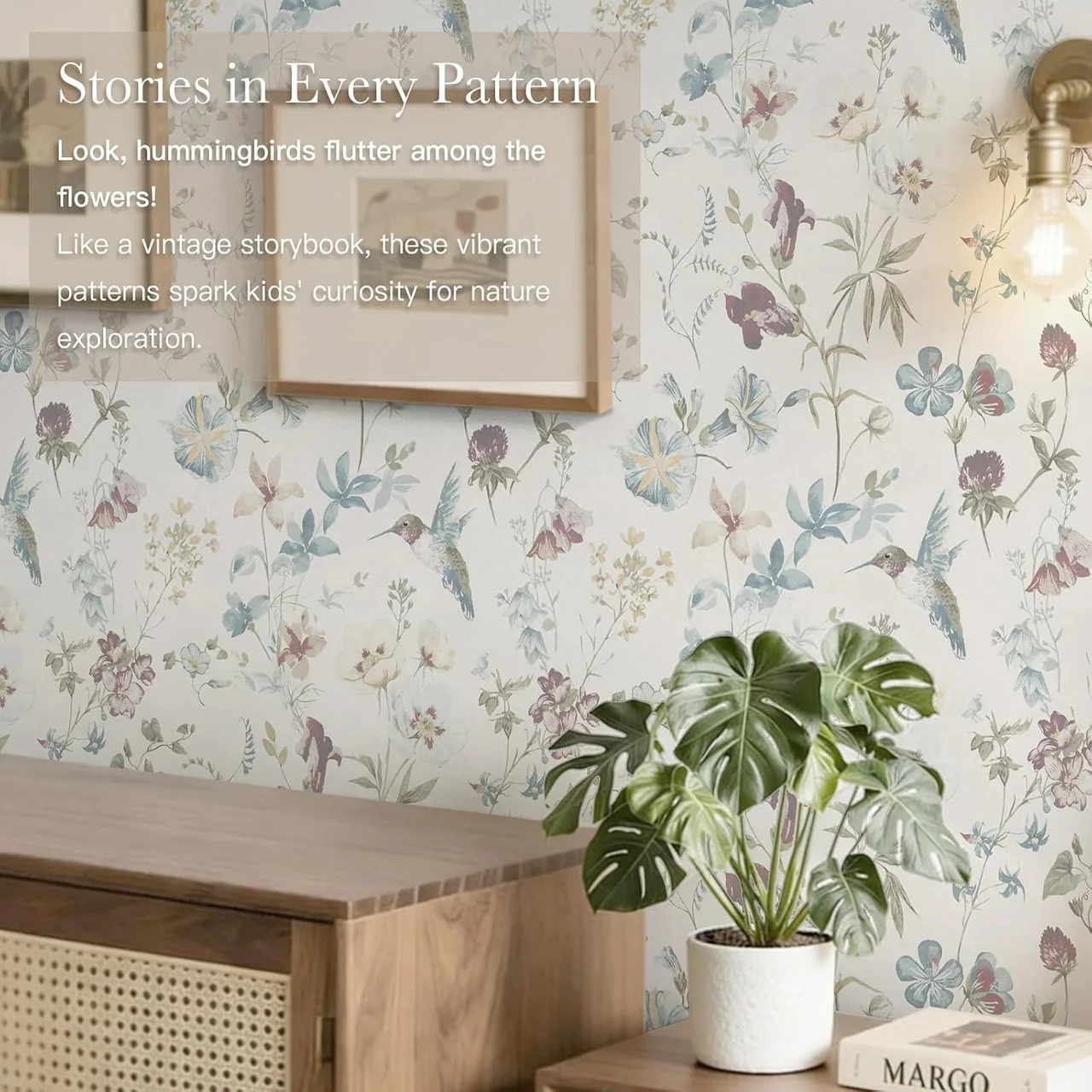 Heroad Beige Bird Botanical peel and stick wallpaper in a room
