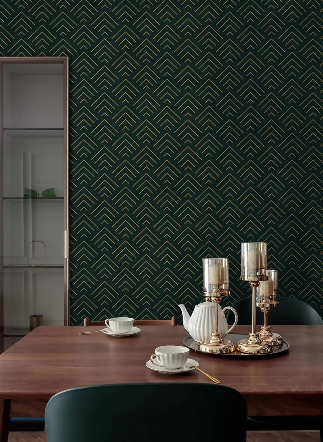 Heroad Dark Green and Gold Geometric peel and stick wallpaper in a room
