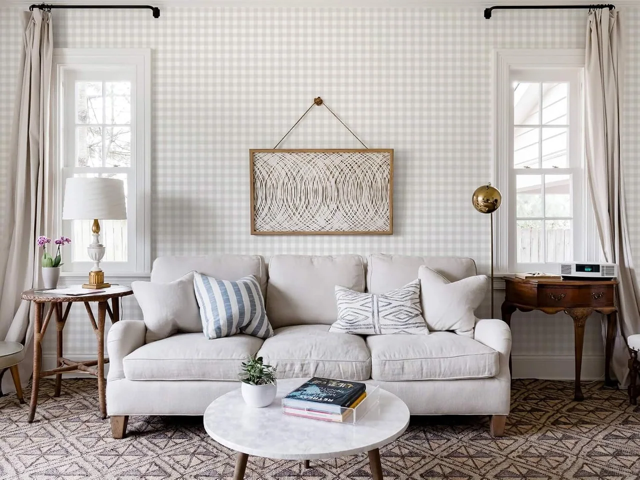 Neutral Boho Plaid on a living room wall behind a sofa