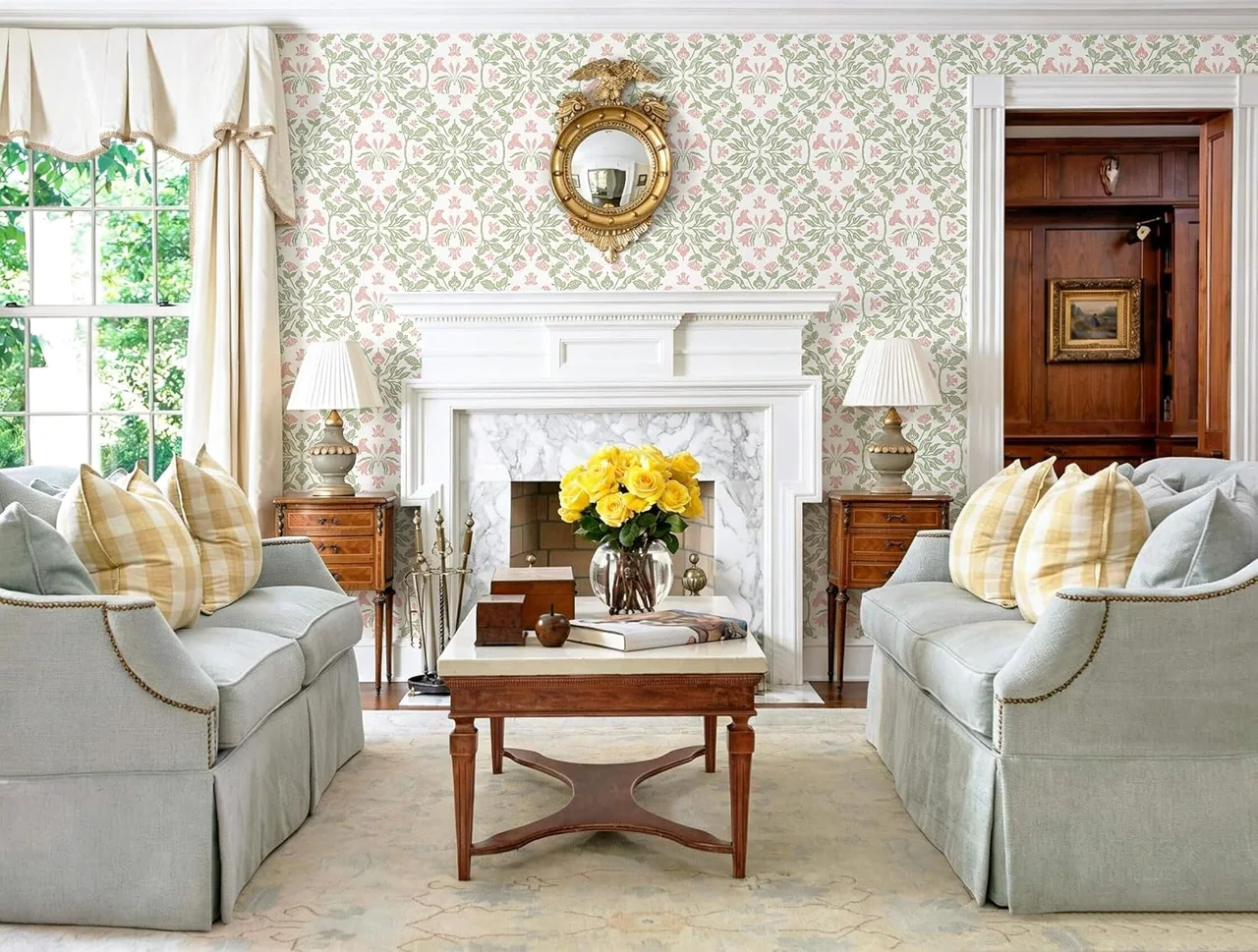 Heroad Pink Damask peel and stick wallpaper in a room