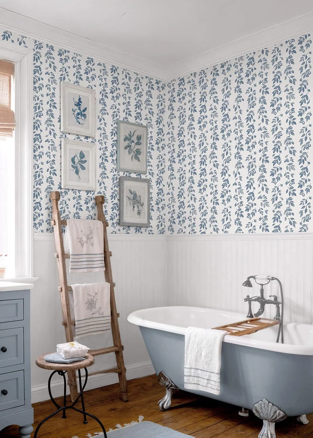 Heroad Blue Vintage Stripe peel and stick wallpaper in a room
