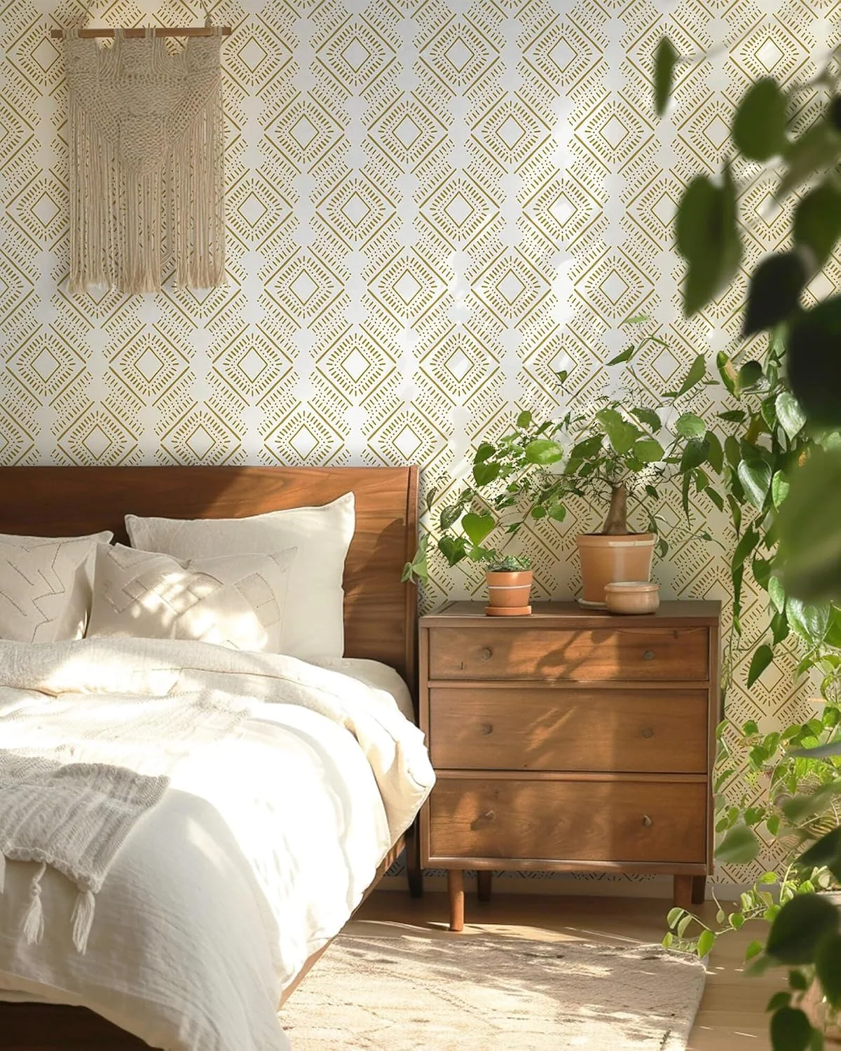 Heroad Beige and Orange Boho Diamond peel and stick wallpaper in a room