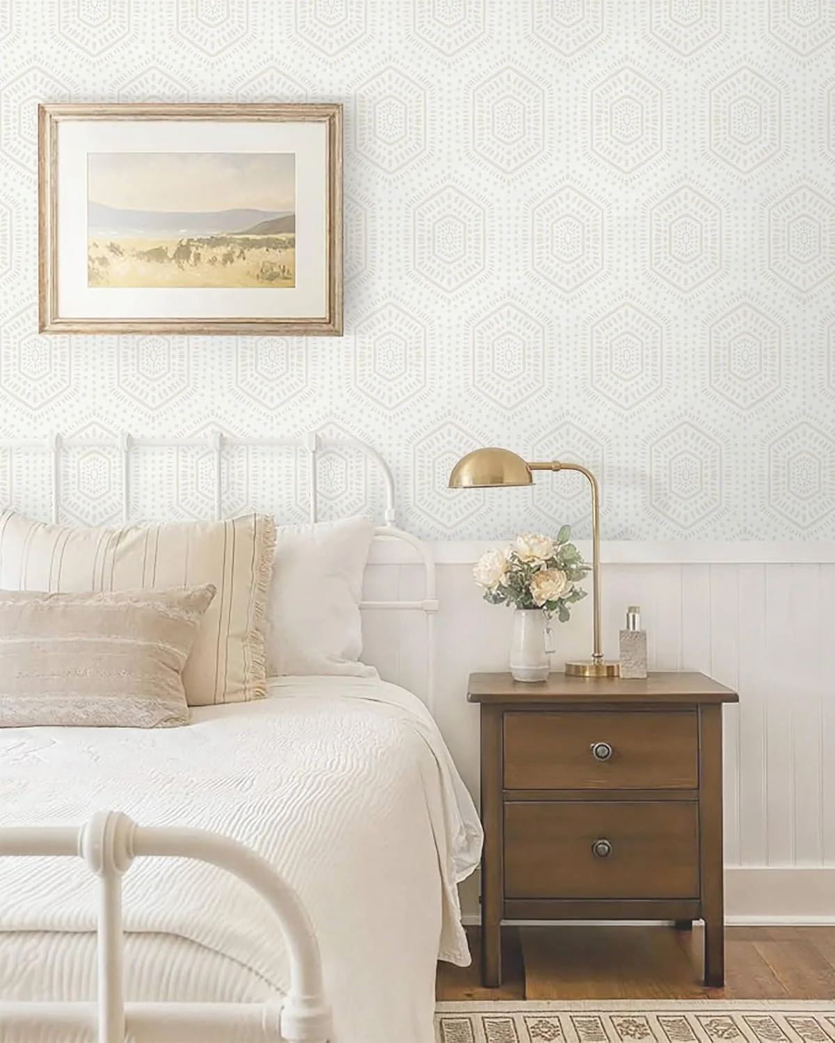 Heroad White Boho Hexagon peel and stick wallpaper in a room