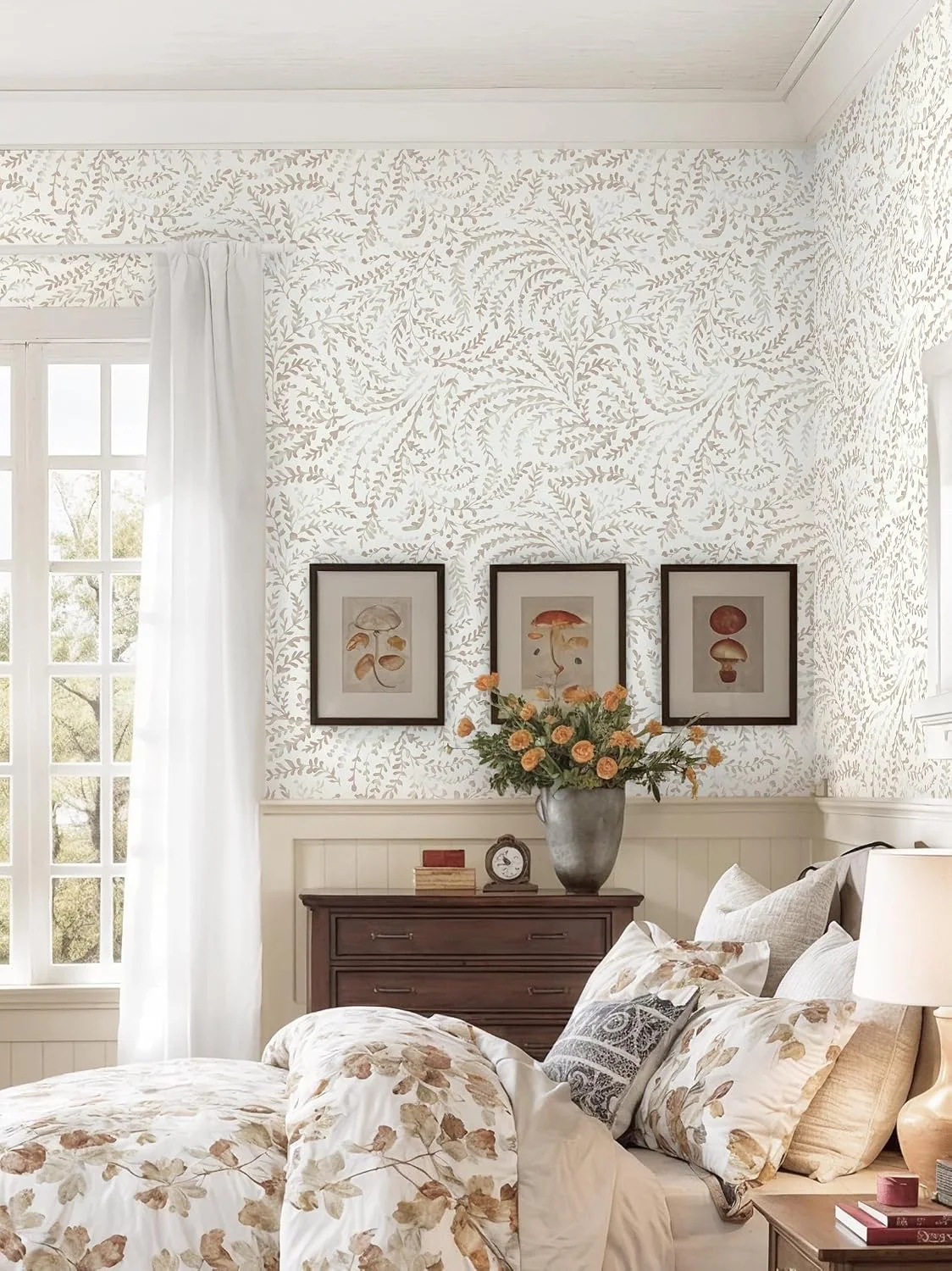 Heroad Beige Leaf Scroll peel and stick wallpaper in a room