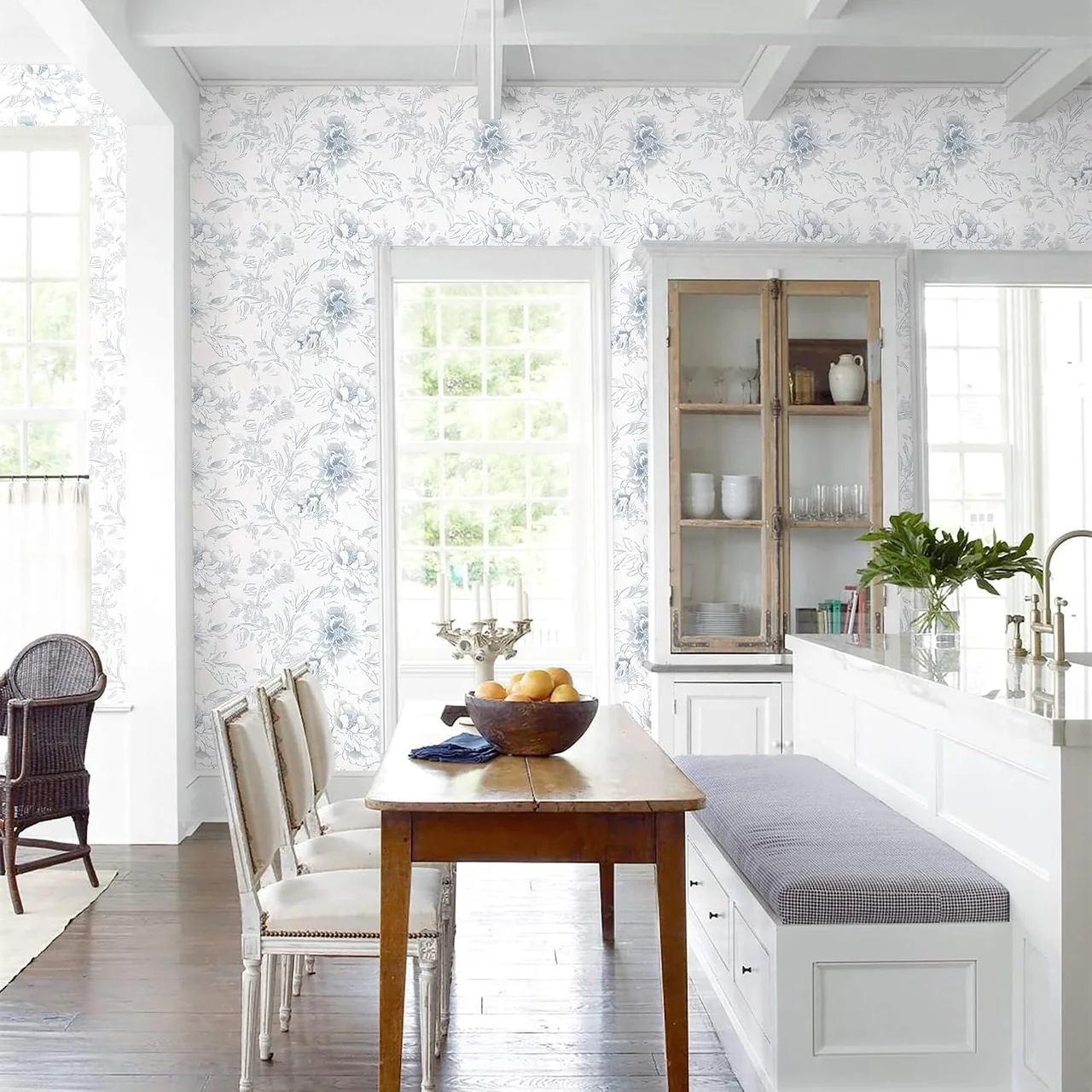 Heroad Blue and White Boho Floral peel and stick wallpaper in a room