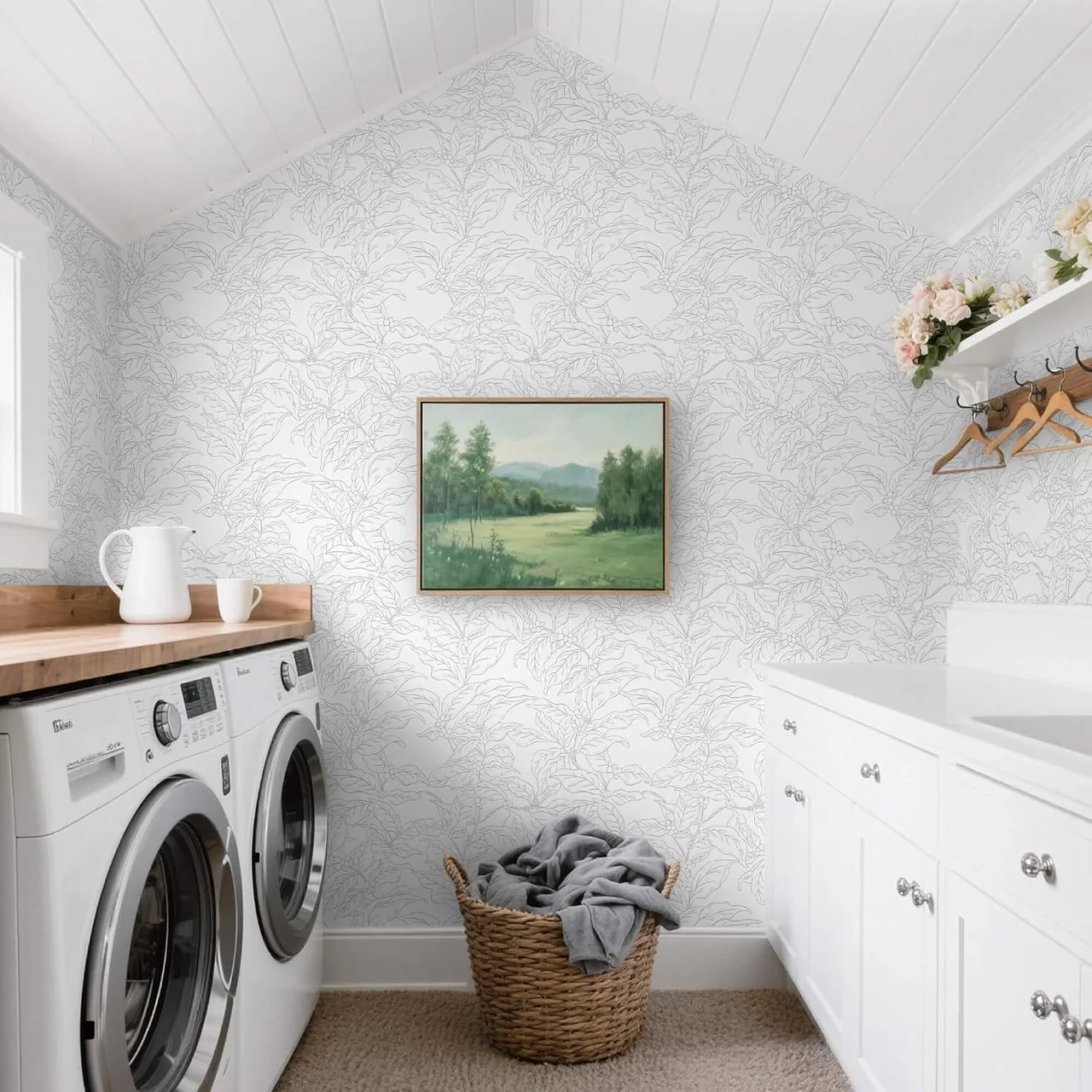Heroad Grey Boho Leaf peel and stick wallpaper in a room