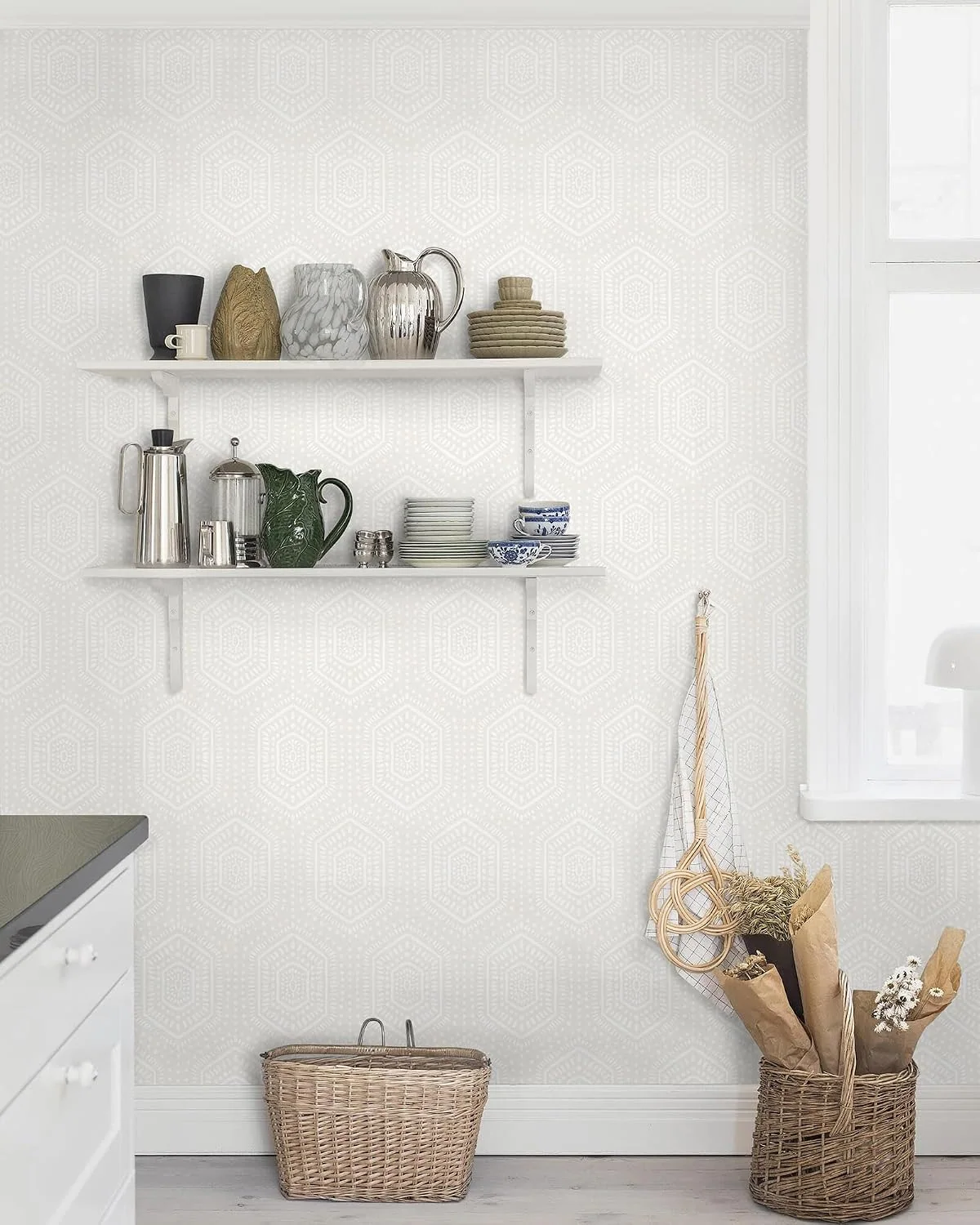 Heroad Beige Hexagon Dot peel and stick wallpaper in a room