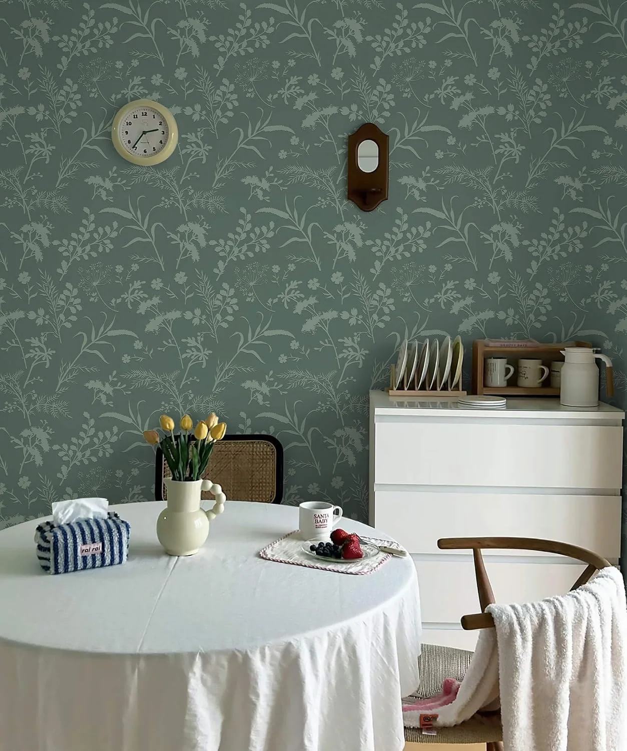 Heroad Sage Green Boho Floral peel and stick wallpaper in a room