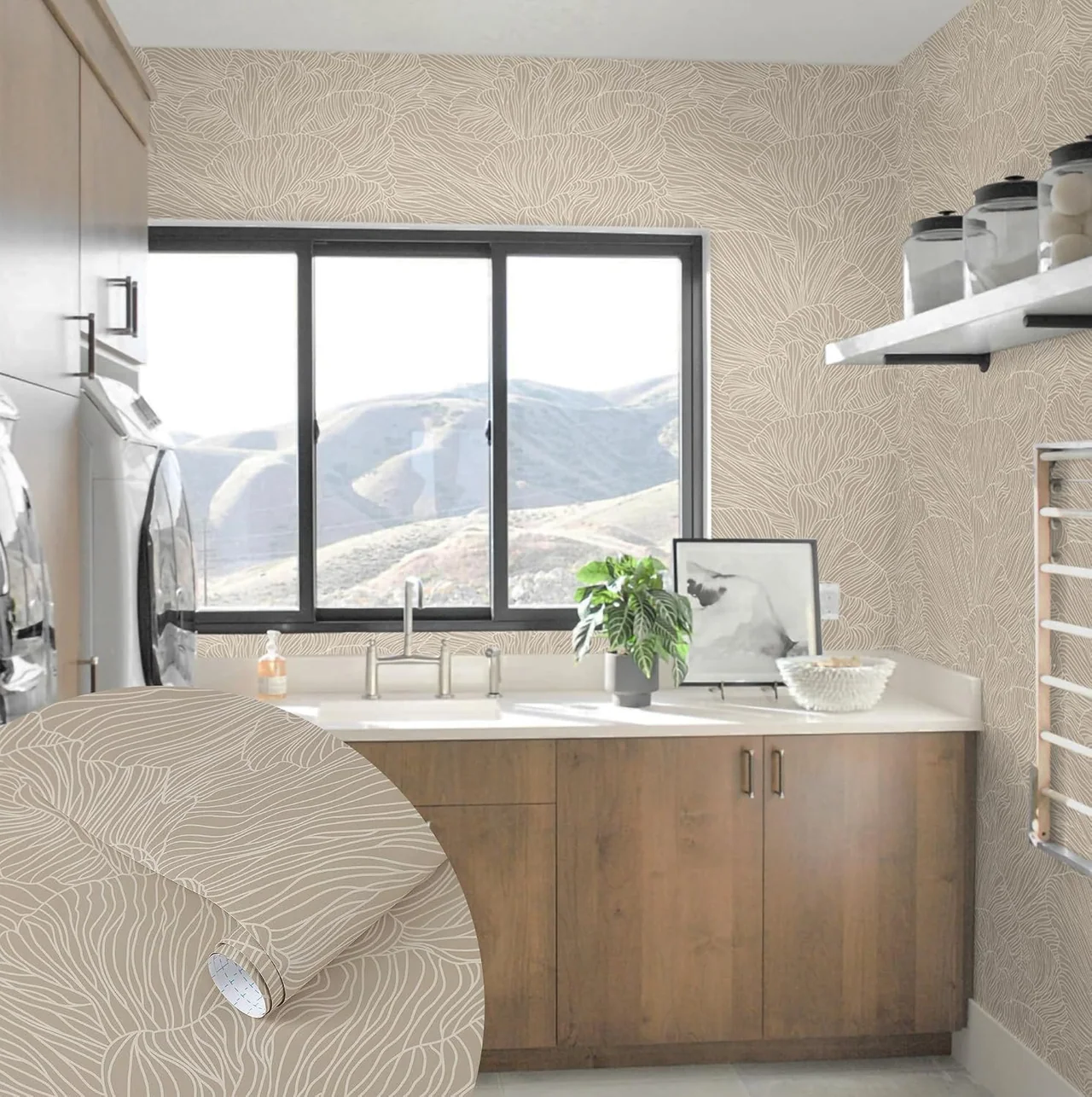 Heroad Brown Boho Wave peel and stick wallpaper in a room