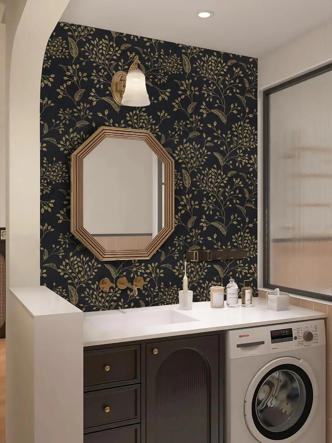 Heroad Black and Gold Boho Floral peel and stick wallpaper in a room