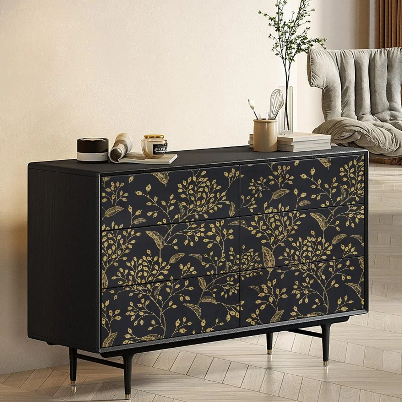 Heroad Black and Gold Boho Floral peel and stick wallpaper in a room
