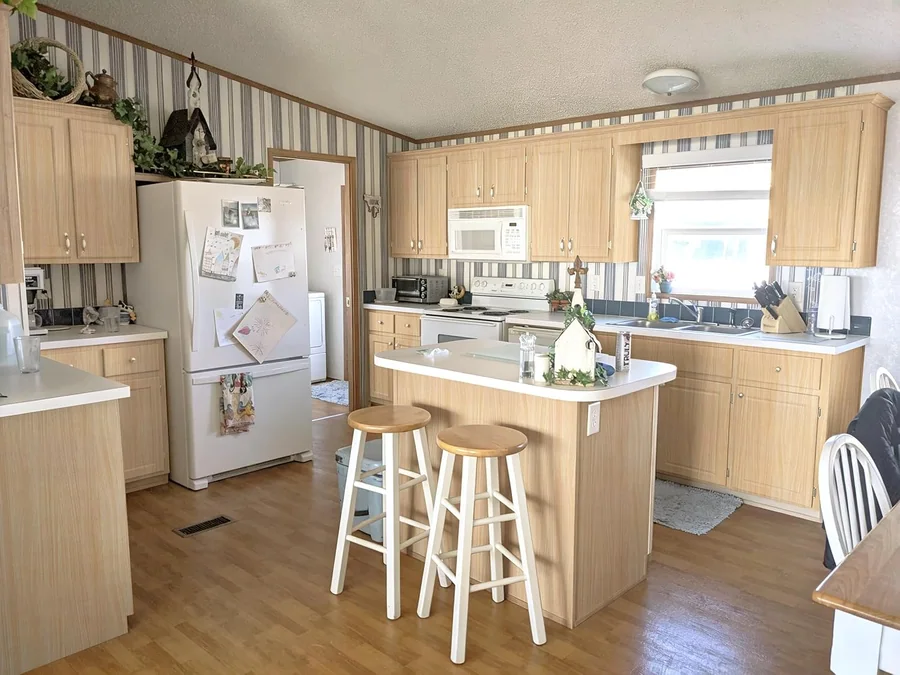 Modern Wood on kitchen cabinets and an island